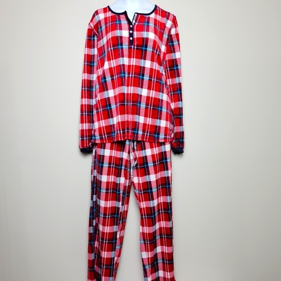 NWOT COZYNautical Long Sleeve Fleece Sleep Pajamas Set Red Blue Plaid Size Small - Picture 4 of 8